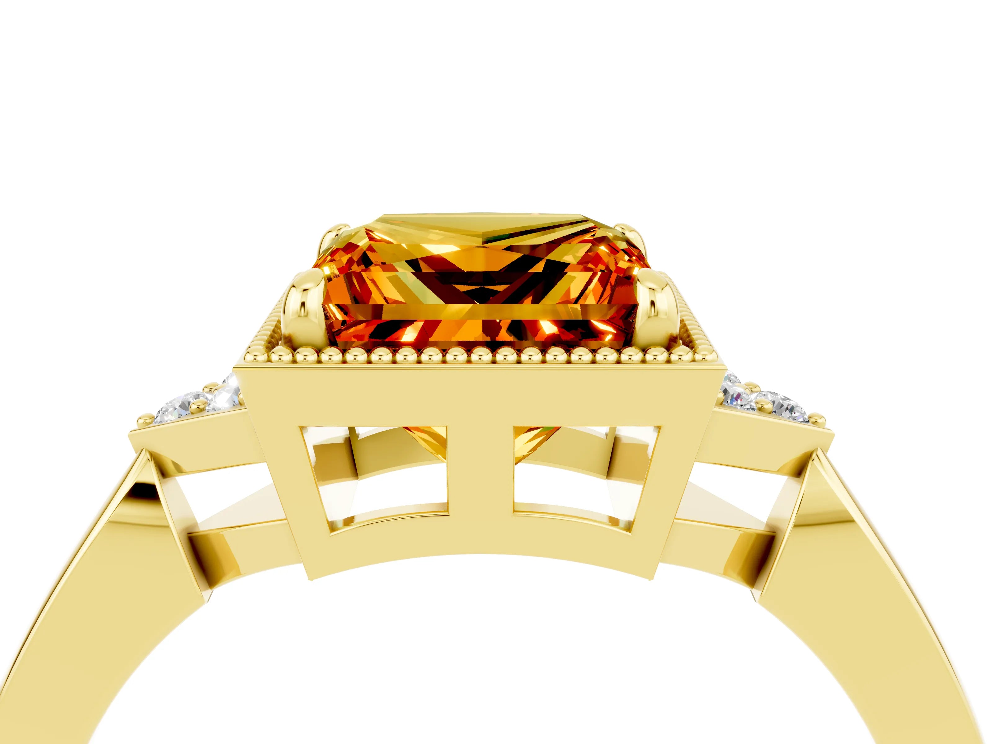 Yellow gold Princess Cut Citrine Halo Ring with Tapered Band and Four-Prong Setting_4