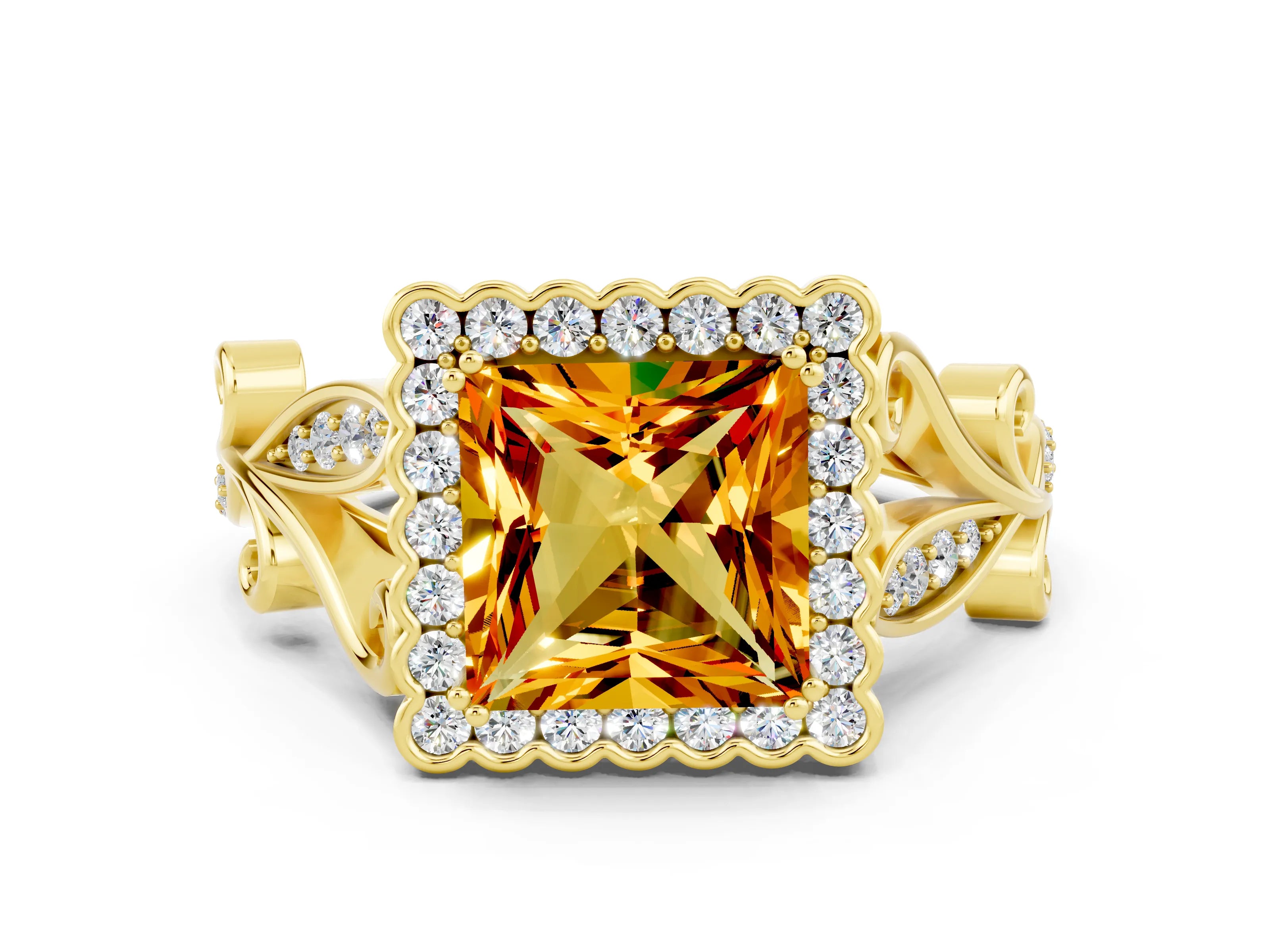 Yellow gold Princess Cut Citrine Halo Ring with Vintage Split Shank and Four-Prong Setting