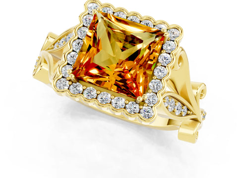 Yellow gold Princess Cut Citrine Halo Ring with Vintage Split Shank and Four-Prong Setting_1