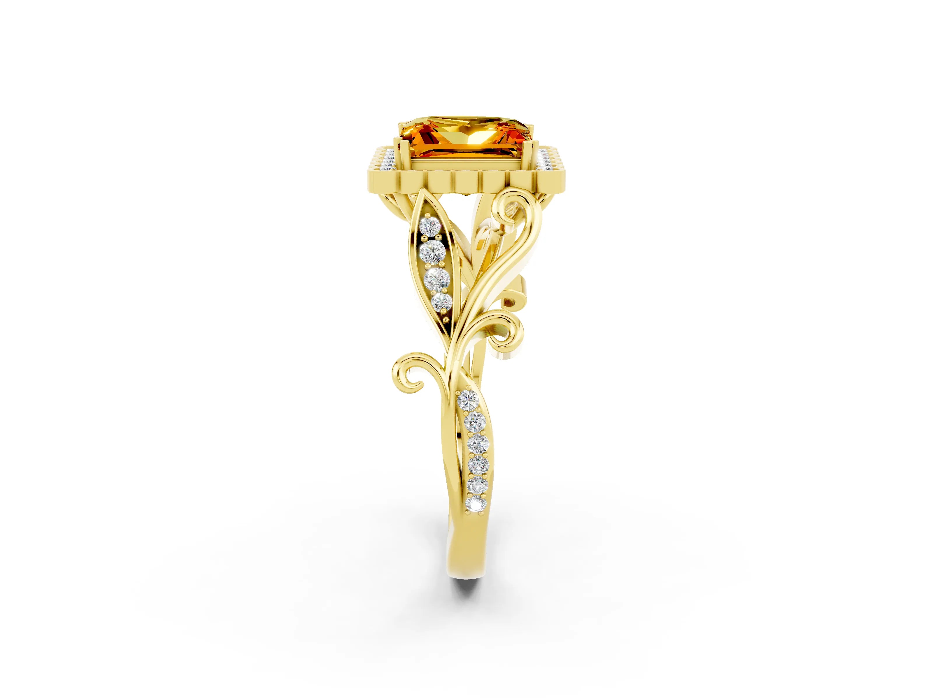 Yellow gold Princess Cut Citrine Halo Ring with Vintage Split Shank and Four-Prong Setting_2