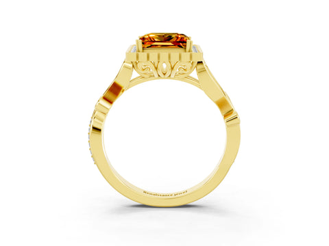Yellow gold Princess Cut Citrine Halo Ring with Vintage Split Shank and Four-Prong Setting_3