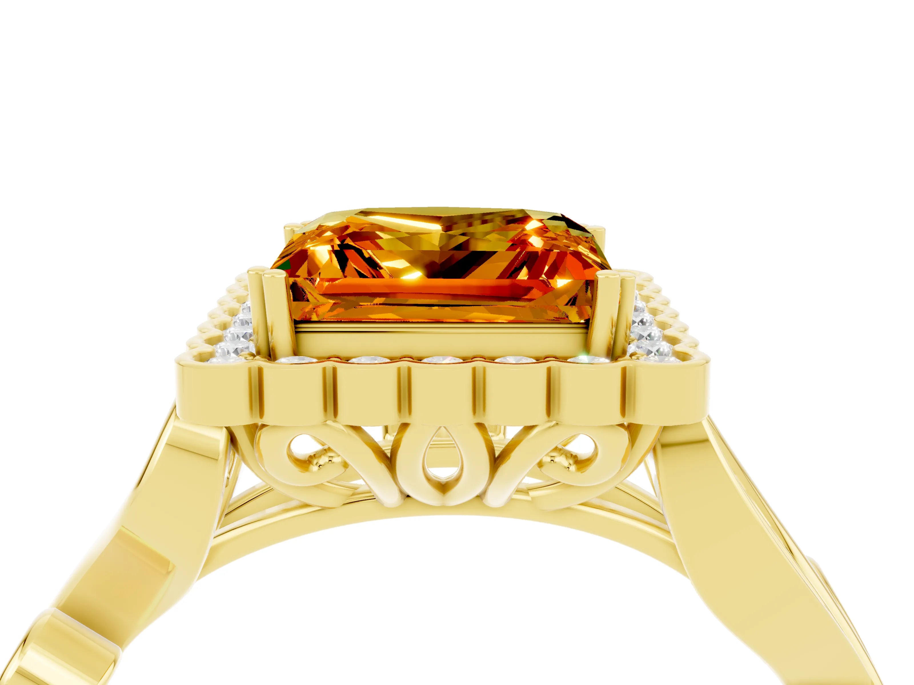 Yellow gold Princess Cut Citrine Halo Ring with Vintage Split Shank and Four-Prong Setting_4