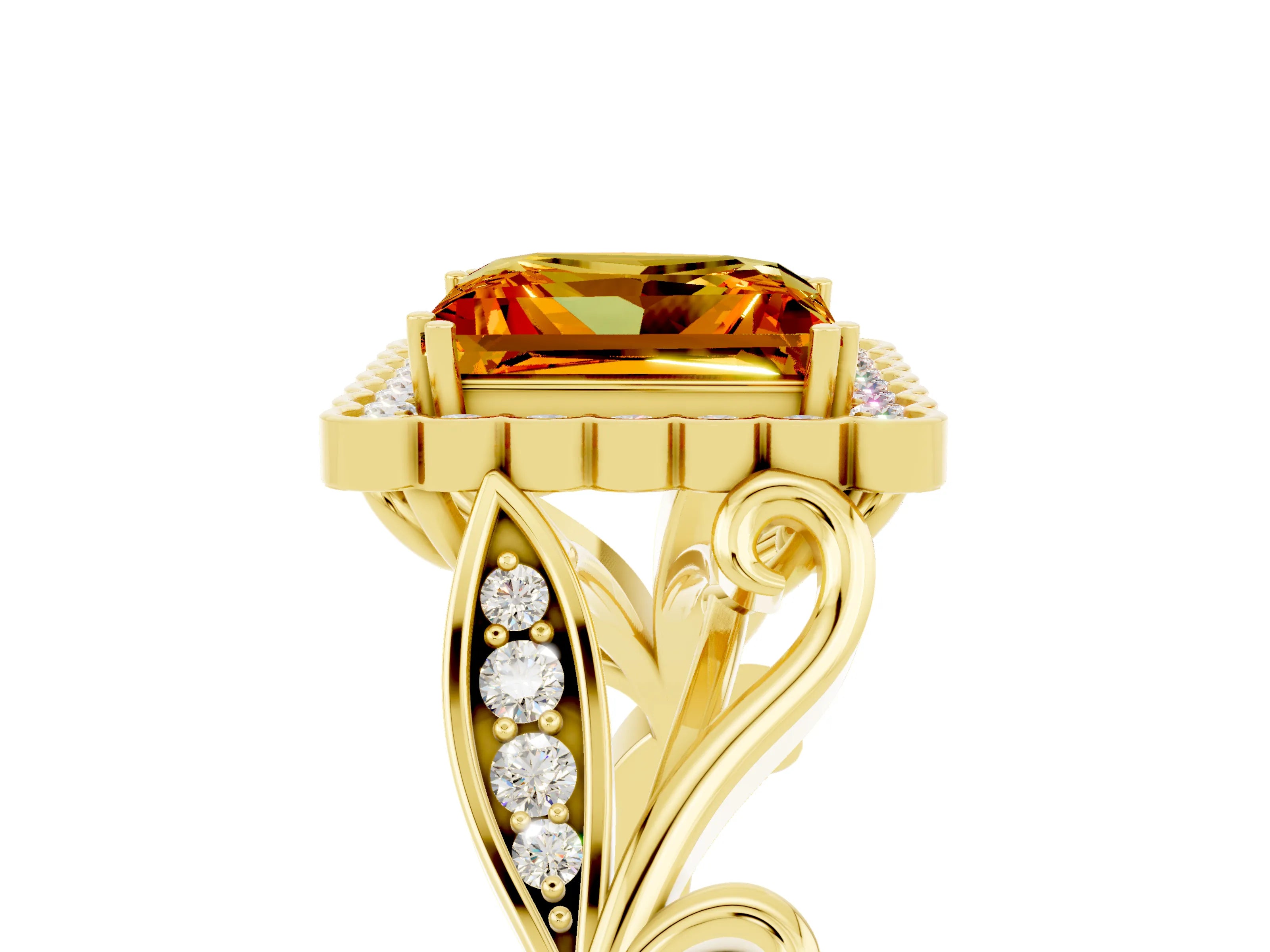 Yellow gold Princess Cut Citrine Halo Ring with Vintage Split Shank and Four-Prong Setting_5