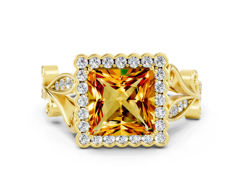 Yellow gold Princess Cut Citrine Halo Ring with Vintage Split Shank and Four-Prong Setting