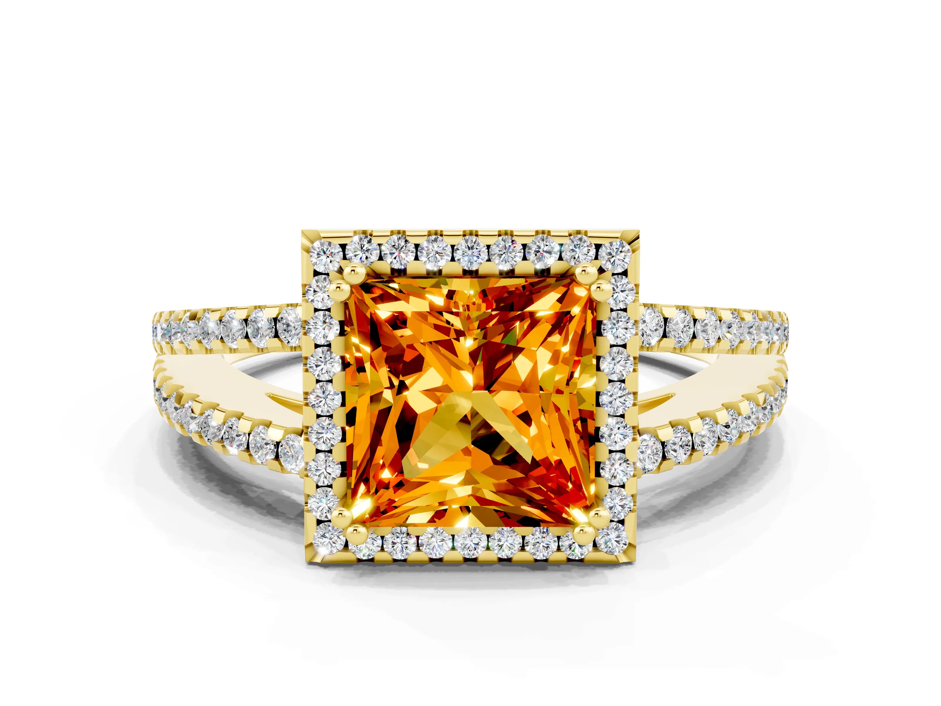 Yellow gold Princess Cut Citrine Halo Split Shank Engagement Ring_12