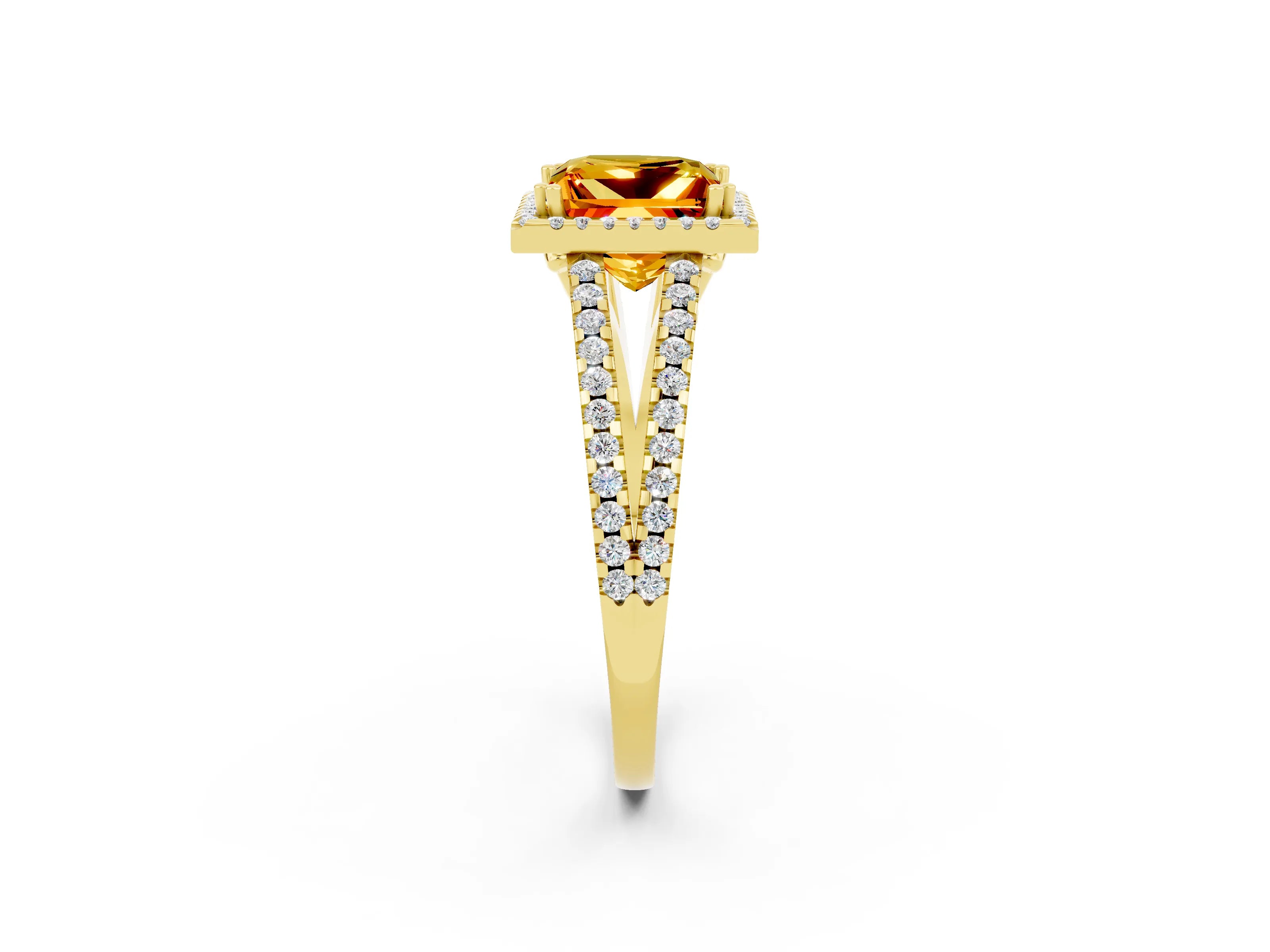 Yellow gold Princess Cut Citrine Halo Split Shank Engagement Ring_14