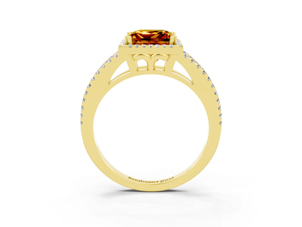 Yellow gold Princess Cut Citrine Halo Split Shank Engagement Ring