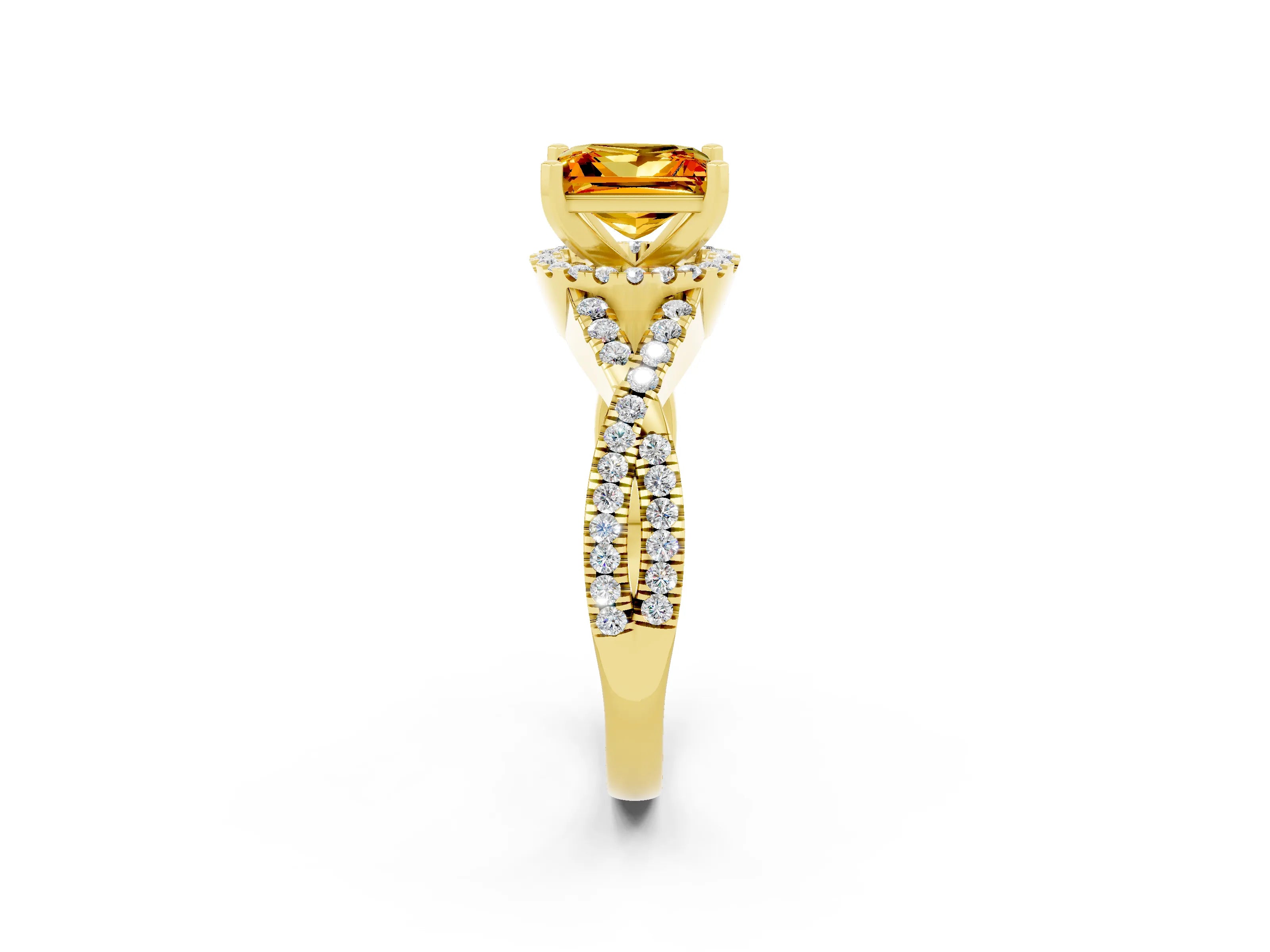 Yellow gold Princess Cut Citrine Halo Twist Band Solitaire Prong Setting Ring_2
