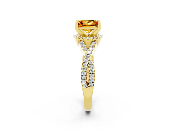 Yellow gold Princess Cut Citrine  Halo Twist Band Solitaire Prong Setting Ring
