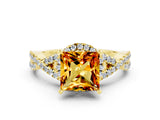 Yellow gold Princess Cut Citrine  Halo Twist Band Solitaire Prong Setting Ring_24