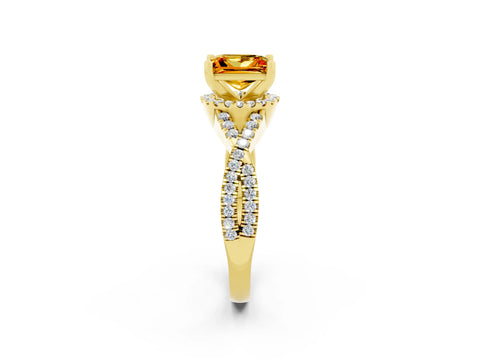 Yellow gold Princess Cut Citrine Halo Twist Band Solitaire Prong Setting Ring_2
