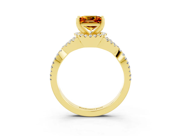 Yellow gold Princess Cut Citrine  Halo Twist Band Solitaire Prong Setting Ring