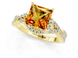 Yellow gold Princess Cut Citrine  Halo Twist Band Solitaire Prong Setting Ring_43