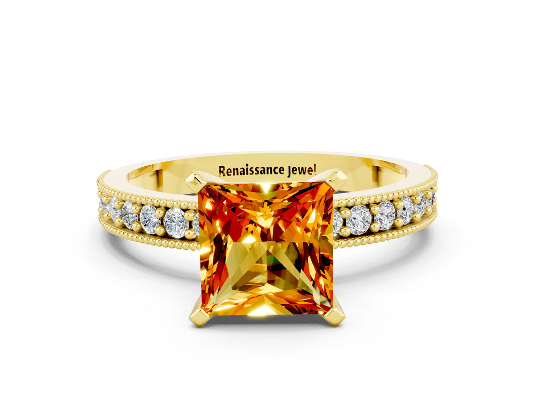 Yellow gold Princess Cut Citrine Milgrain Pavé Engagement Ring with Four-Prong Setting_12