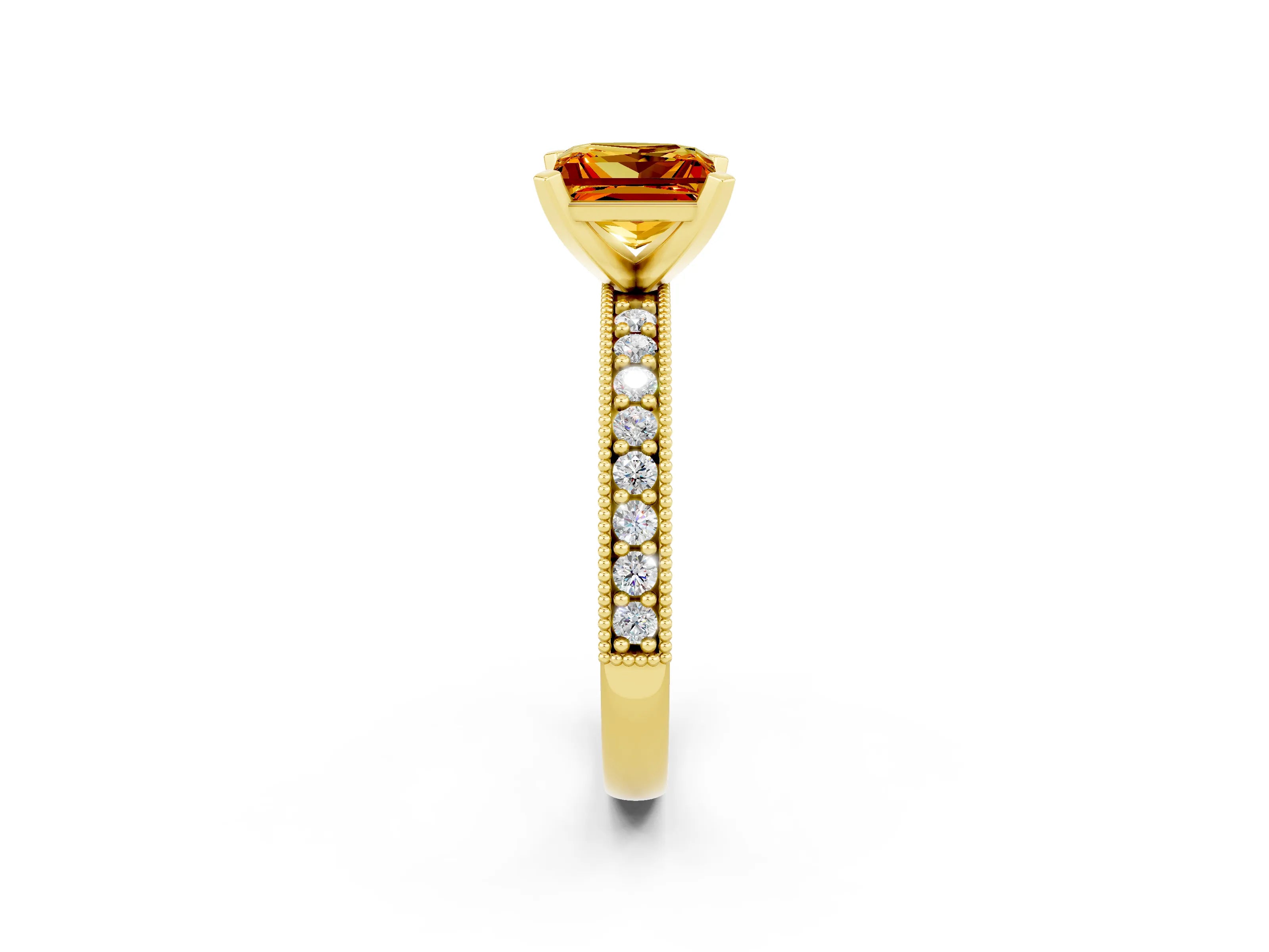 Yellow gold Princess Cut Citrine Milgrain Pavé Engagement Ring with Four-Prong Setting_14