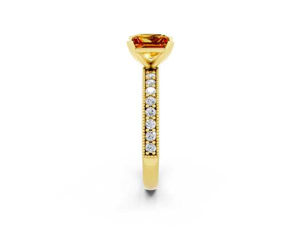 Yellow gold Princess Cut Citrine Milgrain Pavé Engagement Ring with Four-Prong Setting