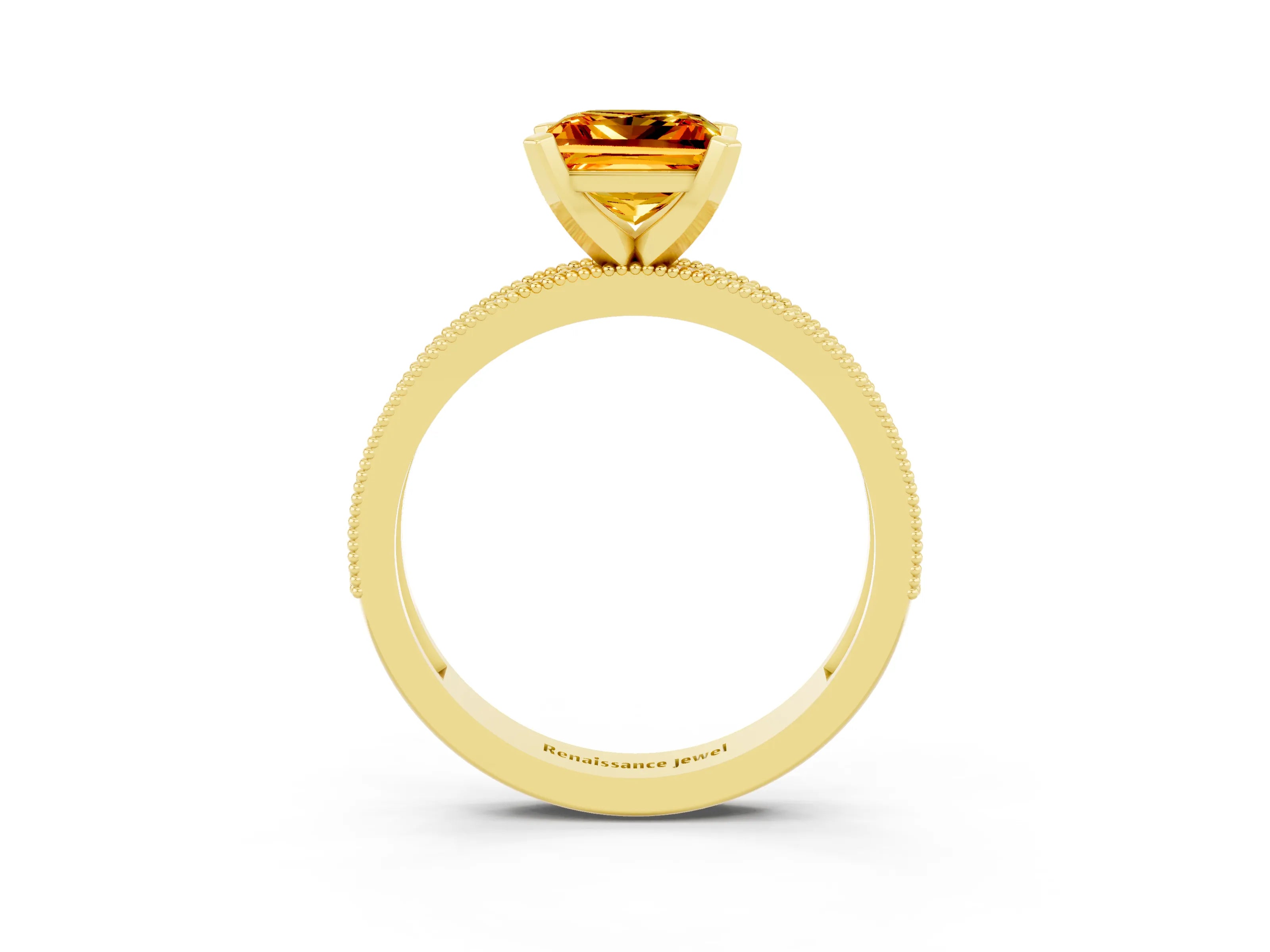 Yellow gold Princess Cut Citrine Milgrain Pavé Engagement Ring with Four-Prong Setting_15