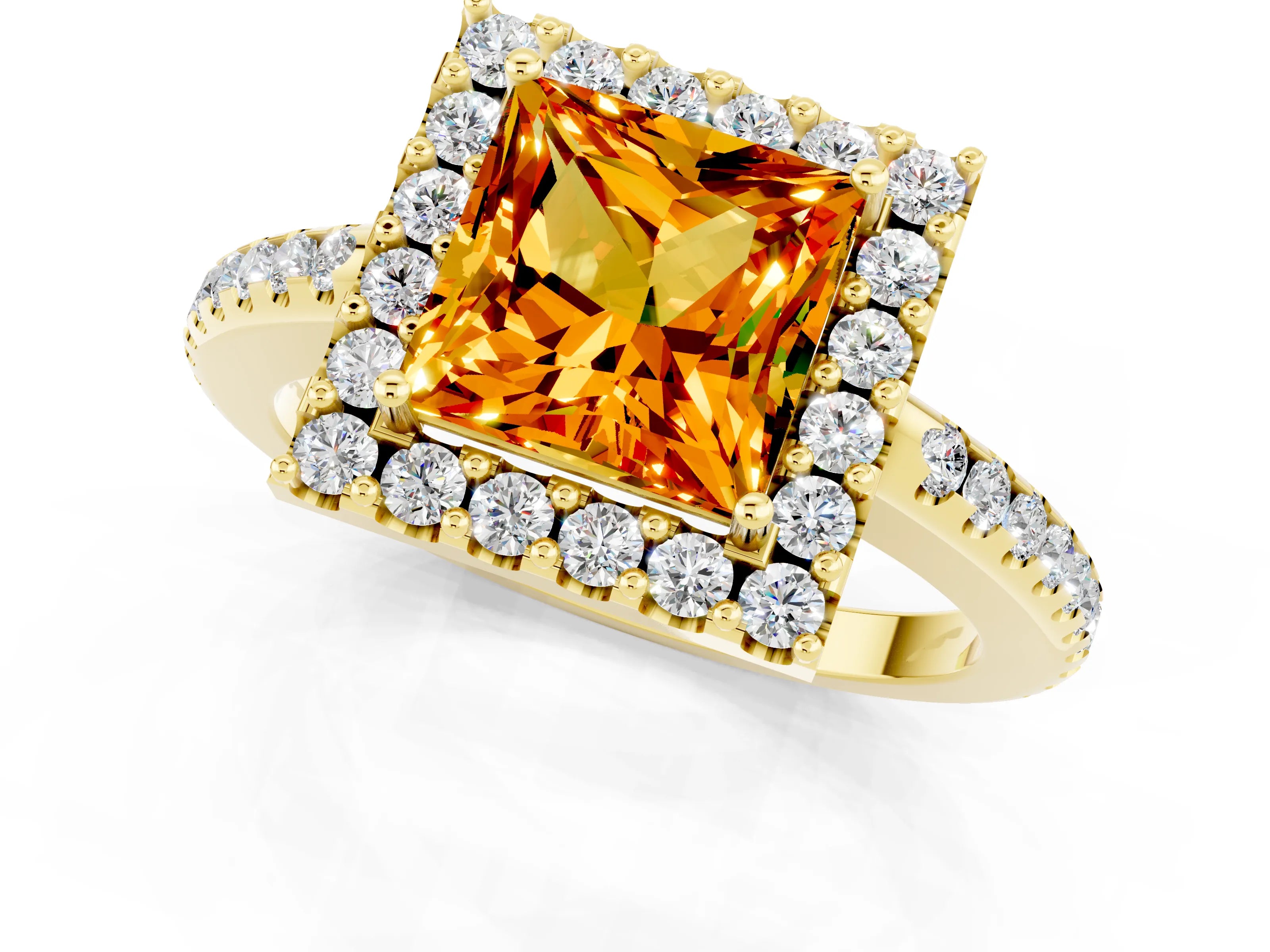 Yellow gold Princess Cut Citrine Pavé Halo Ring with Four-Prong Setting_13