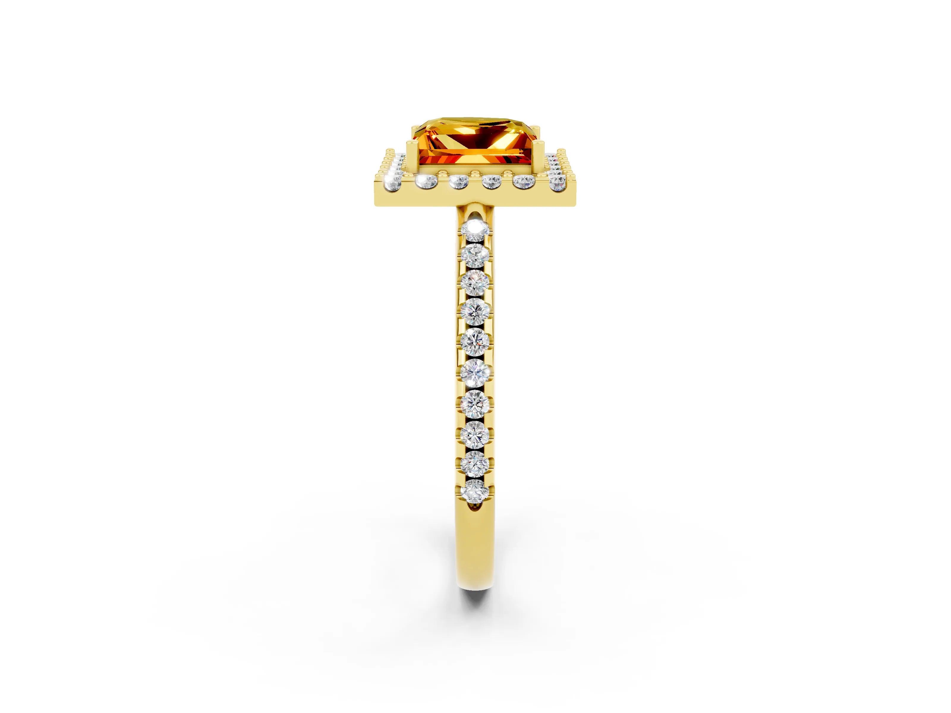Yellow gold Princess Cut Citrine Pavé Halo Ring with Four-Prong Setting_14
