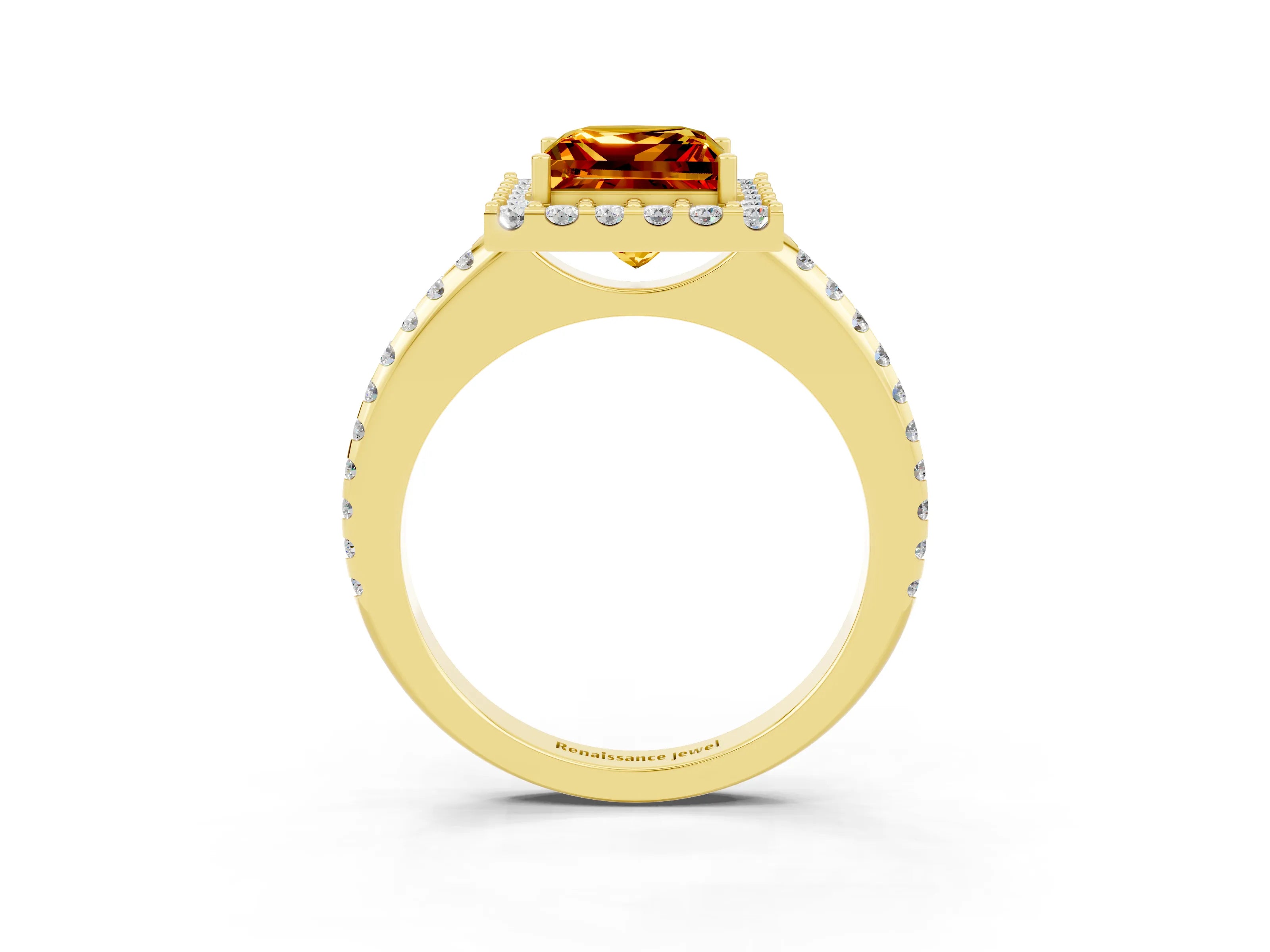 Yellow gold Princess Cut Citrine Pavé Halo Ring with Four-Prong Setting_15