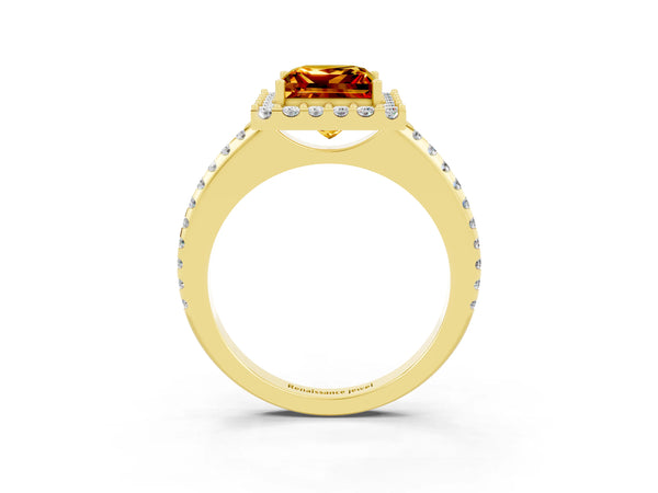 Yellow gold Princess Cut Citrine Pavé Halo Ring with Four-Prong Setting