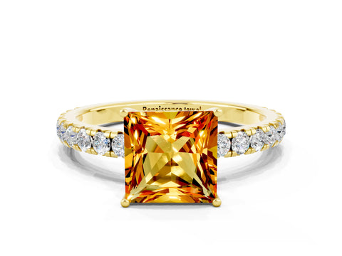 Yellow gold Princess Cut Citrine Pavé Solitaire Engagement Ring with Four-Prong Setting_12