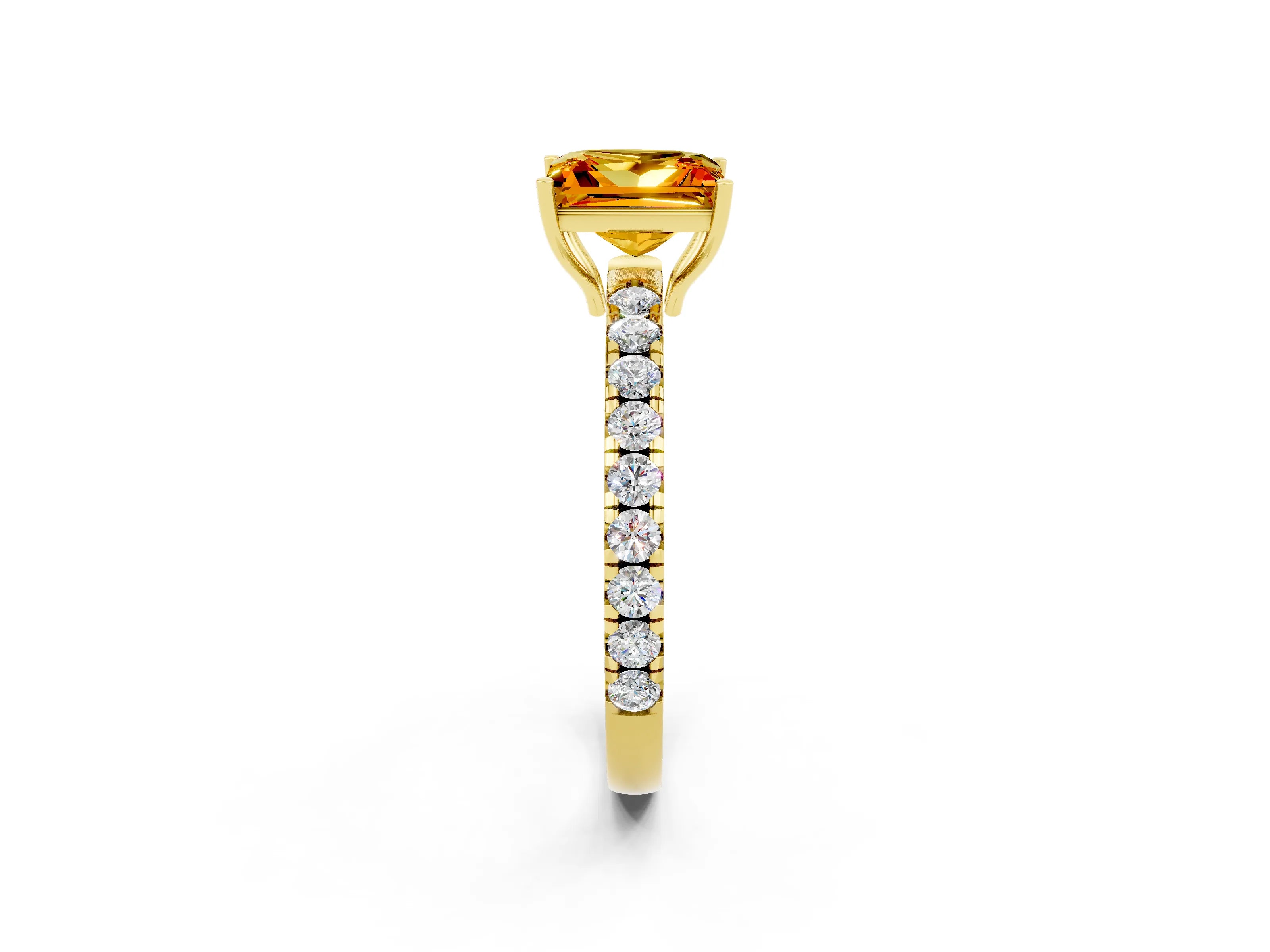 Yellow gold Princess Cut Citrine Pavé Solitaire Engagement Ring with Four-Prong Setting_14