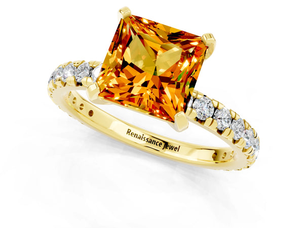 Yellow gold Princess Cut Citrine Pavé Solitaire Ring with Round Band and Prong Setting