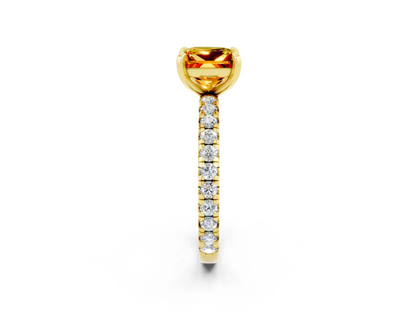Yellow gold Princess Cut Citrine Pavé Solitaire Ring with Round Band and Prong Setting