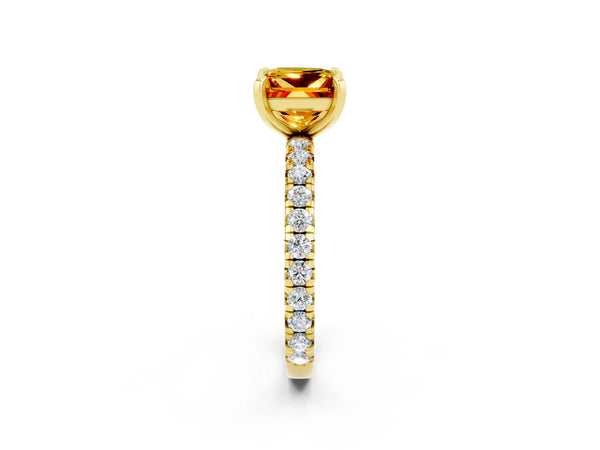 Yellow gold Princess Cut Citrine Pavé Solitaire Ring with Round Band and Prong Setting