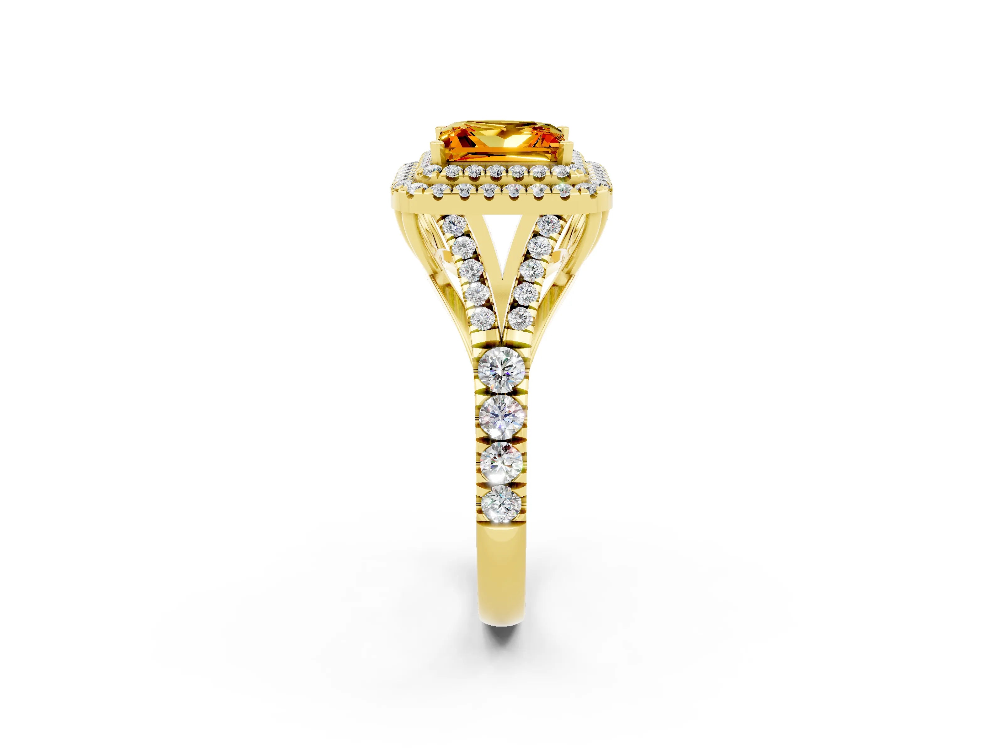 Yellow gold Princess Cut Citrine Pavé Split Shank Double Halo Engagement Ring_2