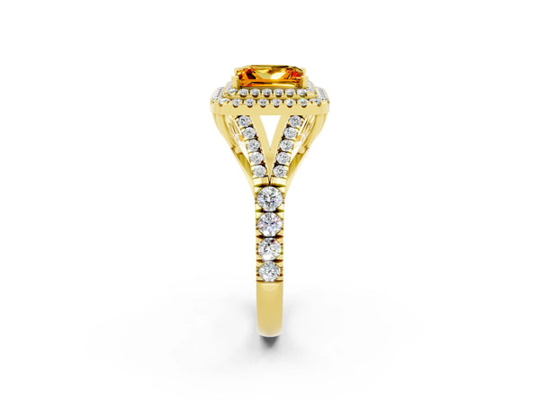 Yellow gold Princess Cut Citrine Pavé Split Shank Double Halo Engagement Ring