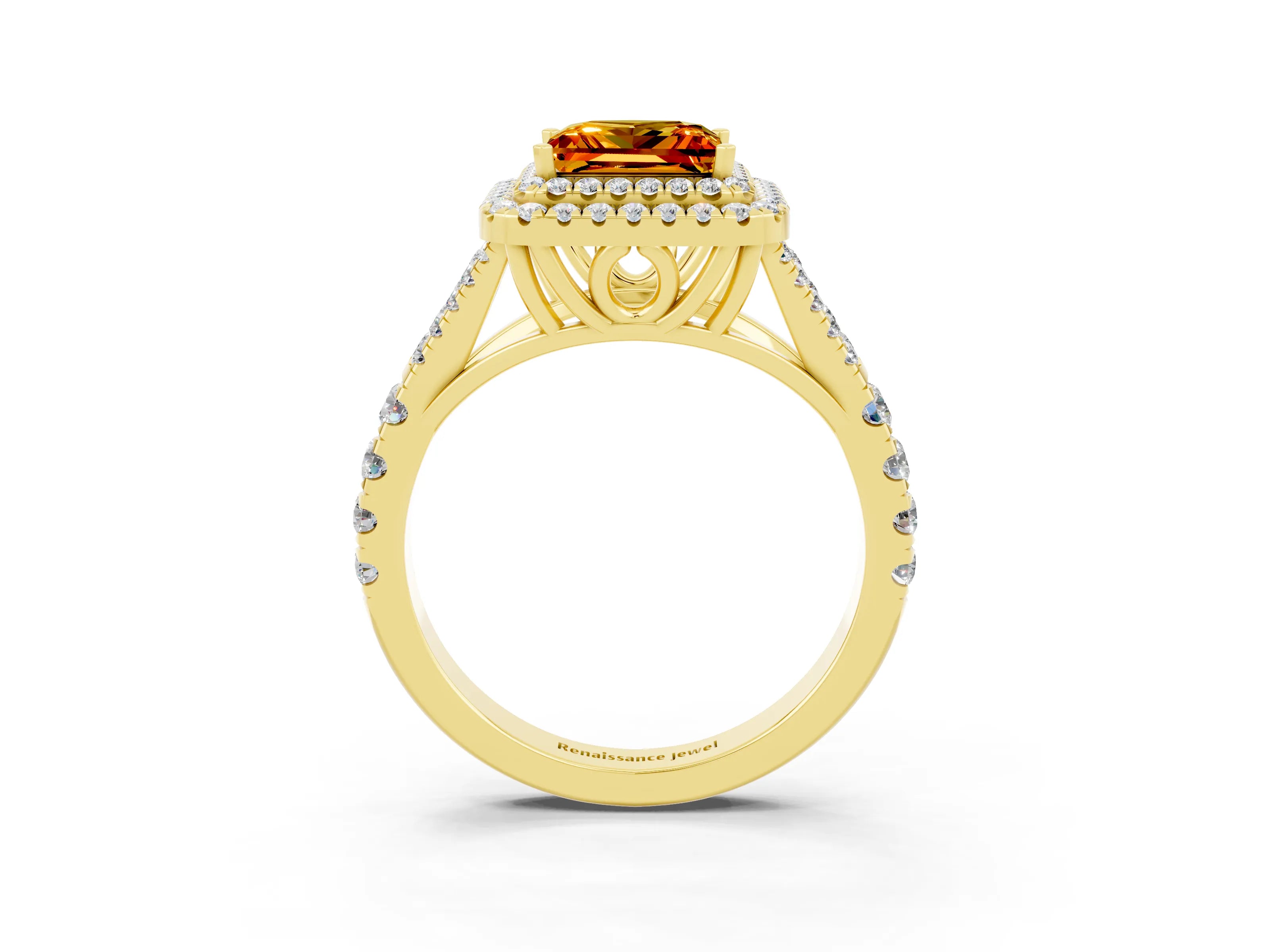 Yellow gold Princess Cut Citrine Pavé Split Shank Double Halo Engagement Ring_3
