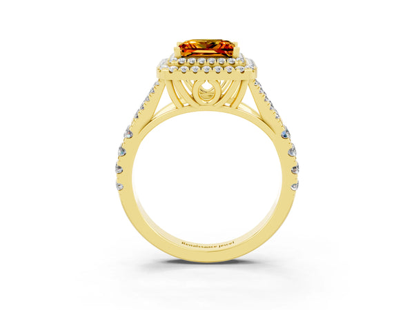 Yellow gold Princess Cut Citrine Pavé Split Shank Double Halo Engagement Ring