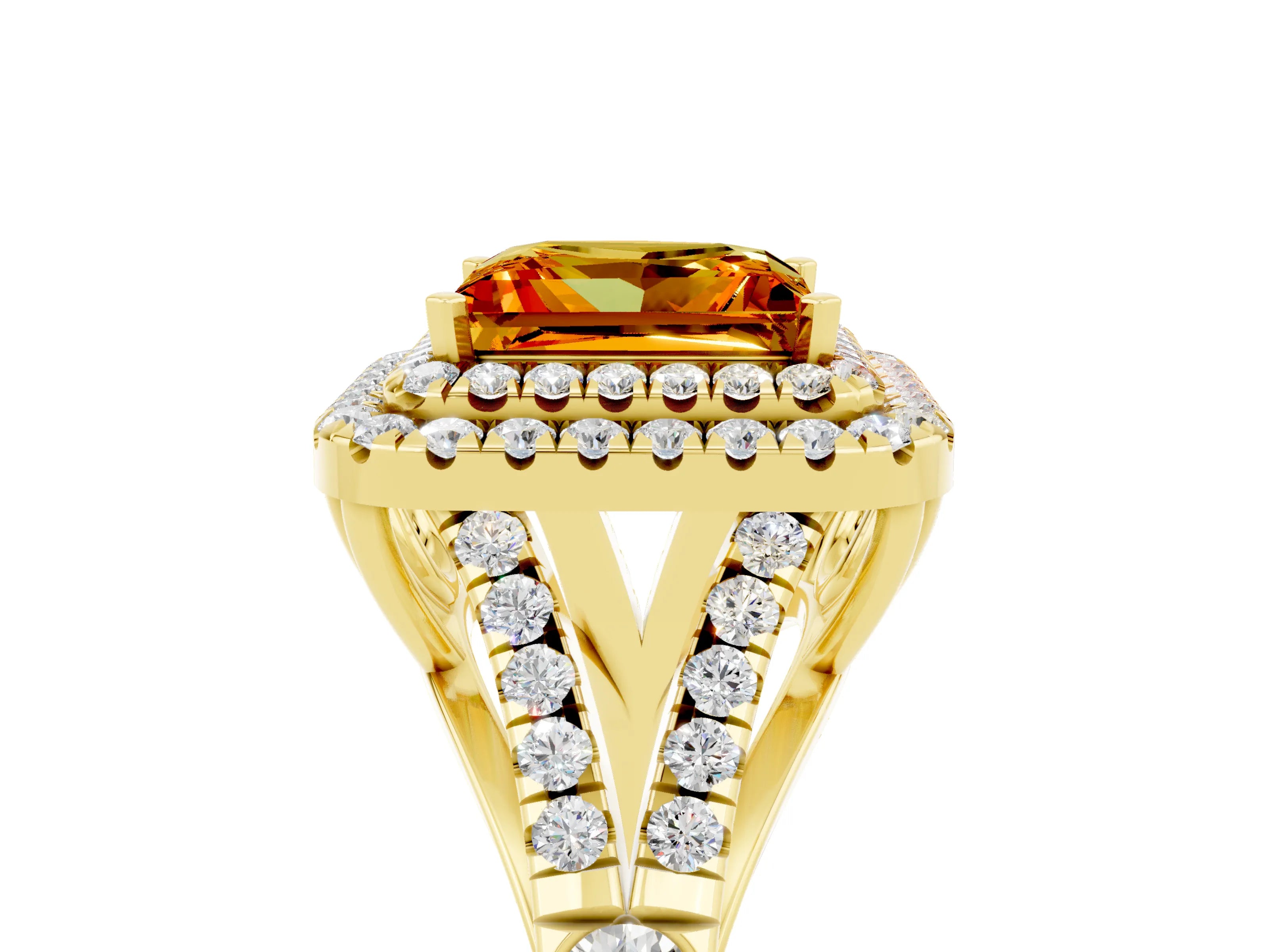Yellow gold Princess Cut Citrine Pavé Split Shank Double Halo Engagement Ring_5