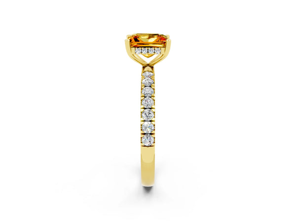 Yellow gold Princess Cut Citrine Pave Band Solitaire Ring with Round  and Prong Setting