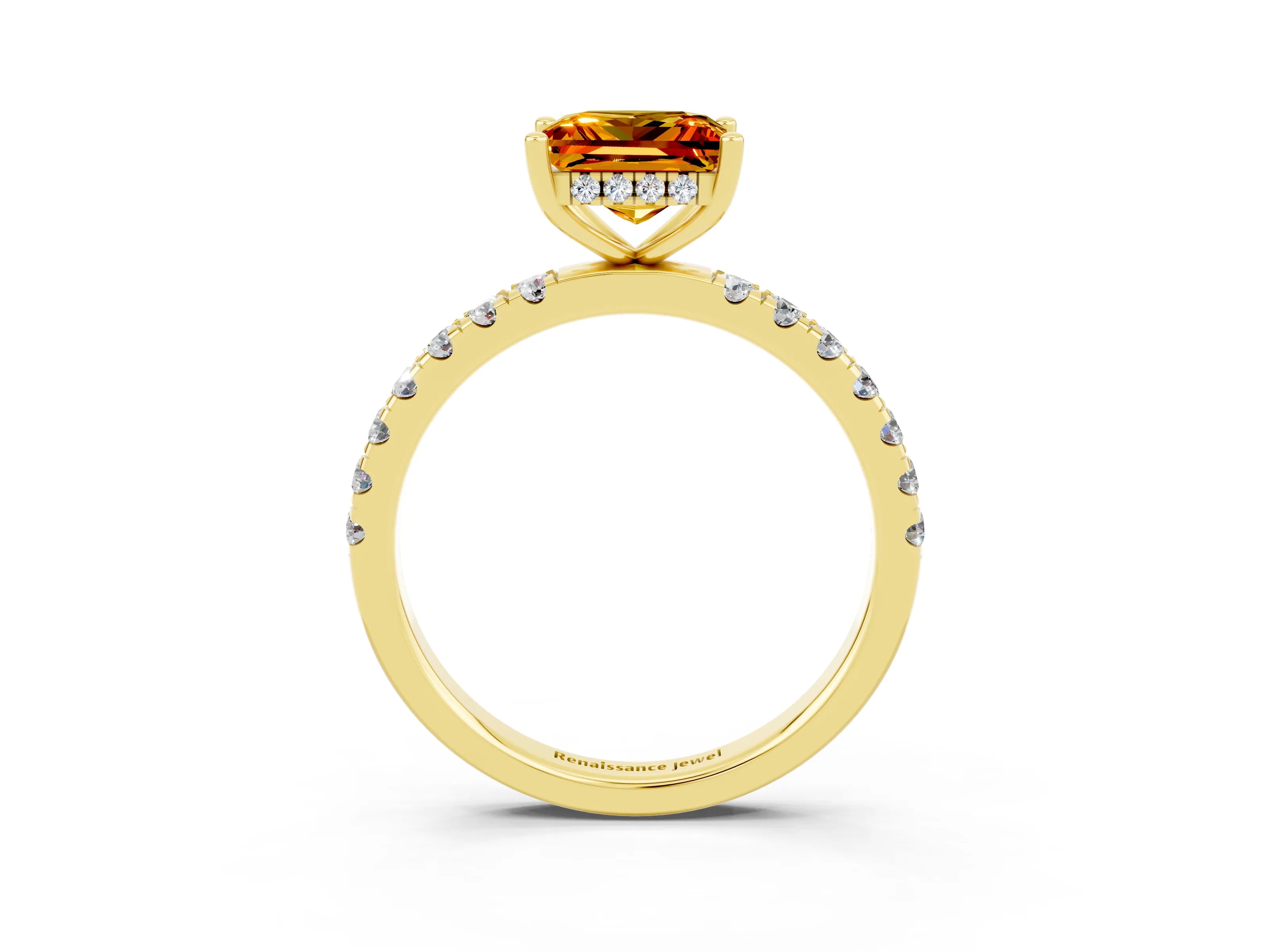Yellow gold Princess Cut Citrine Pave Band Solitaire Ring with Four-Prong Setting_27