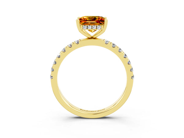 Yellow gold Princess Cut Citrine Pave Band Solitaire Ring with Round  and Prong Setting