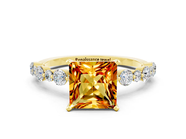 Yellow gold Princess Cut Citrine Prong Set Engagement Ring with Pavé Band
