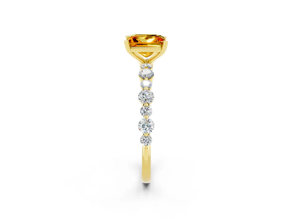 Yellow gold Princess Cut Citrine Prong Set Engagement Ring with Pavé Band