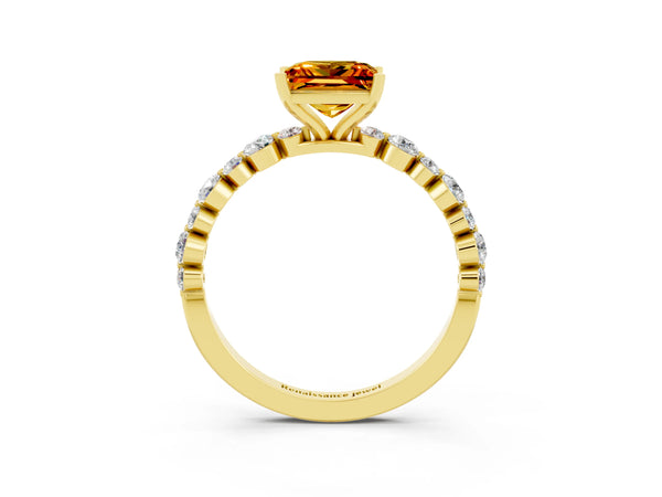 Yellow gold Princess Cut Citrine Prong Set Engagement Ring with Pavé Band