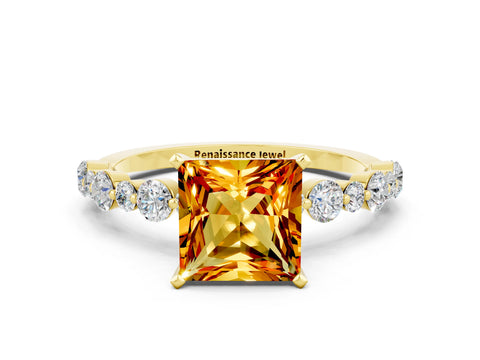 Yellow gold Princess Cut Citrine Prong Set Engagement Ring with Pavé Band