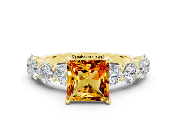 Yellow gold Princess Cut Citrine Prong Setting with Side Stones on a Pave Band