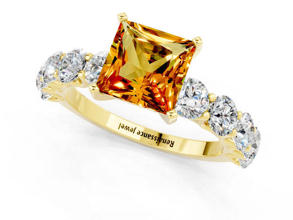 Yellow gold Princess Cut Citrine Prong Setting with Side Stones on a Pave Band