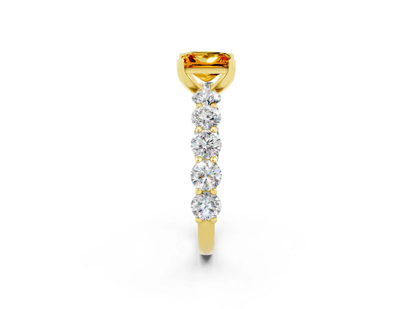Yellow gold Princess Cut Citrine Prong Setting with Side Stones on a Pave Band