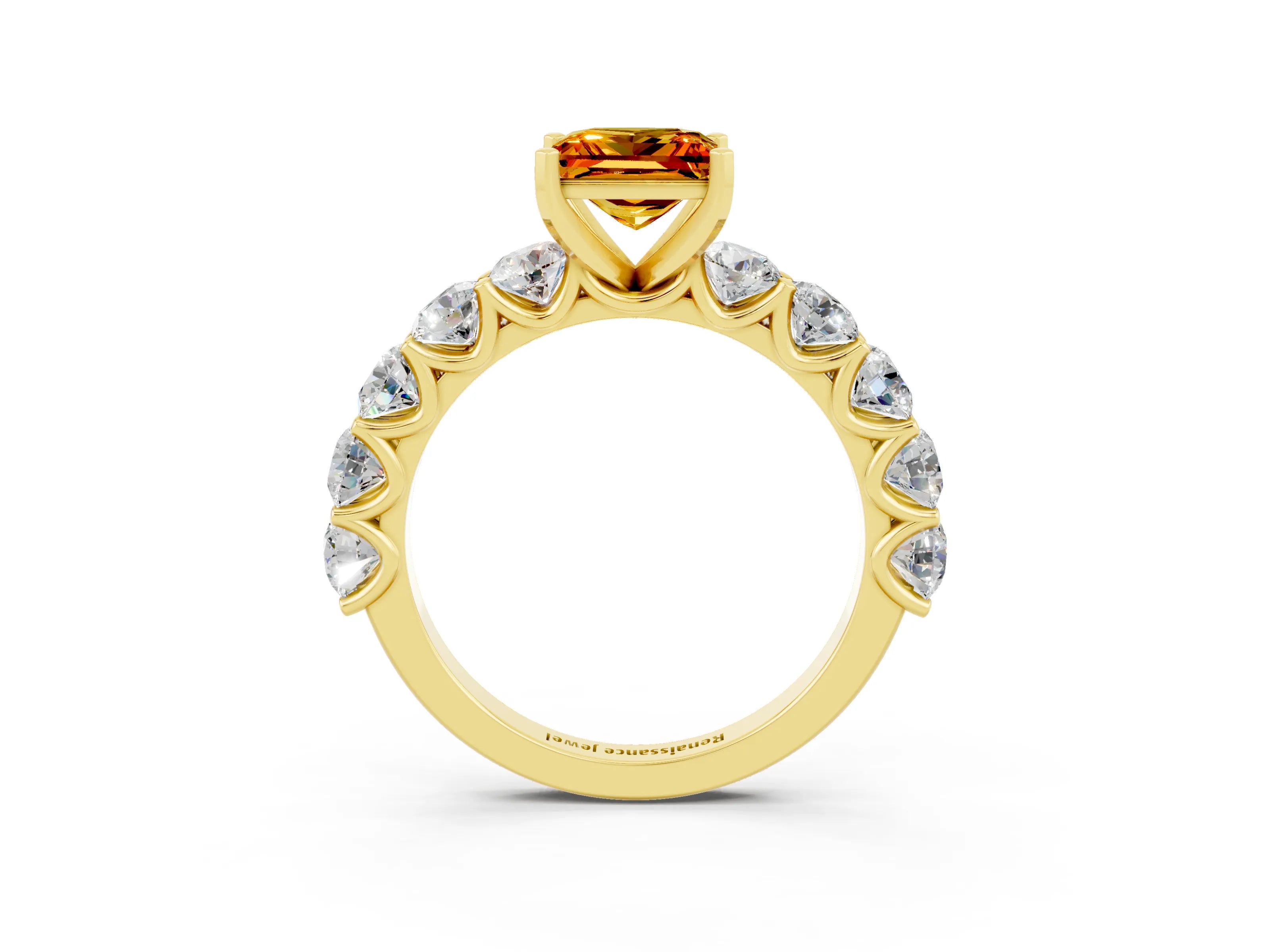 Yellow gold Princess Cut Citrine Prong Setting with Side Stones on a Pave Band_3