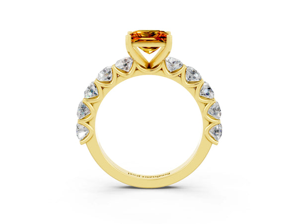 Yellow gold Princess Cut Citrine Prong Setting with Side Stones on a Pave Band