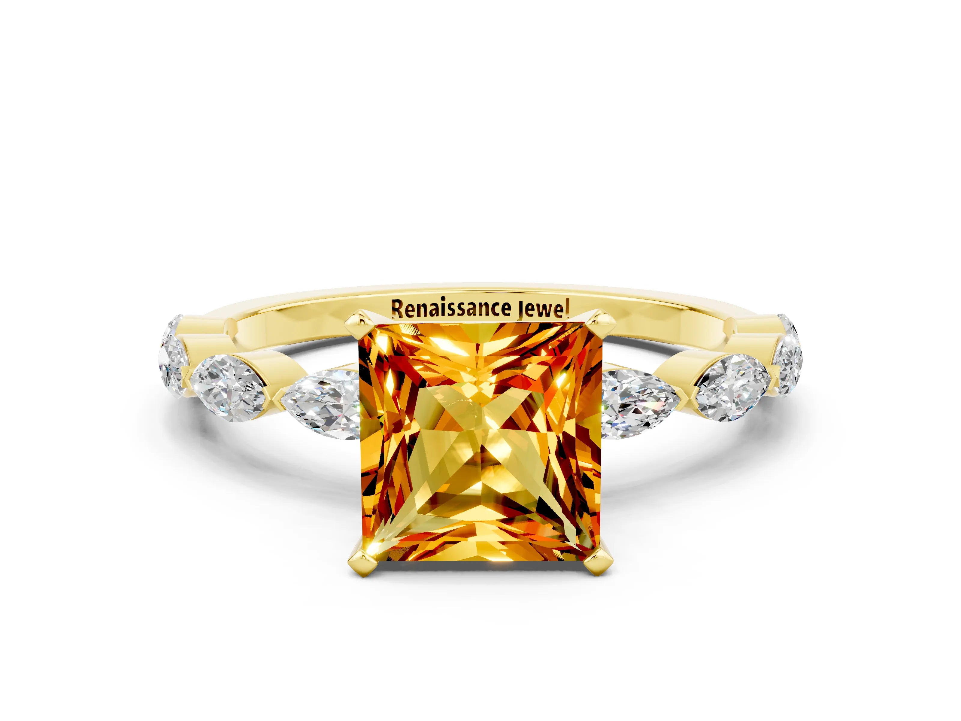 Yellow gold Princess Cut Citrine Ring with Marquise Side Stones and Prong Setting