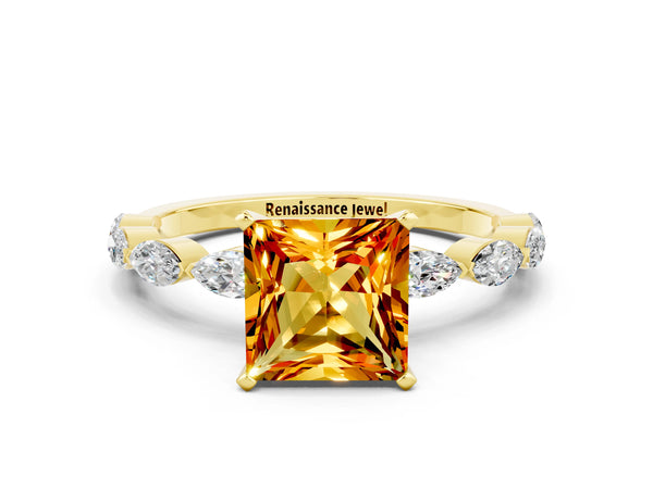 Yellow gold Princess Cut Citrine Ring with Marquise Side Stones and Prong Setting