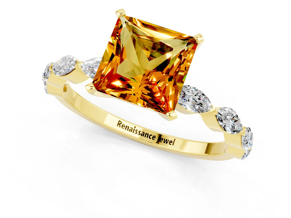 Yellow gold Princess Cut Citrine Ring with Marquise Side Stones and Prong Setting